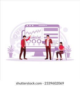 Stock trader showing Executive Manager Cryptocurrency and Trading Market Correlation Pointing at the monitor. Stock market analysis illustration. Trend Modern vector flat illustration