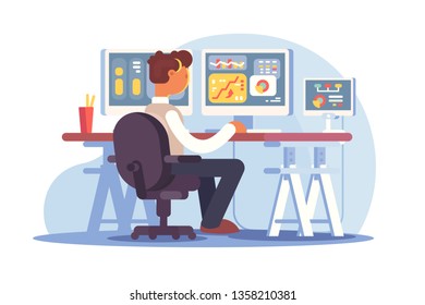 Stock trader sitting at workplace vector illustration. Young man looking at charts diagrams graphs indexes and numbers on multiple computer screens in traders office