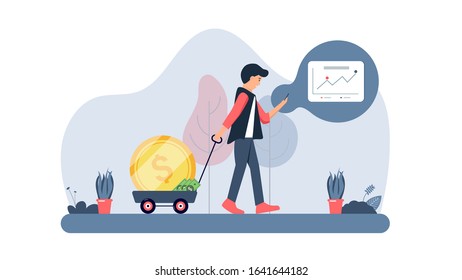 Stock trader withdraw a payment and looking at charts diagrams graphs indexes. Element collection design with business or finance concept for website development or social media advertising.