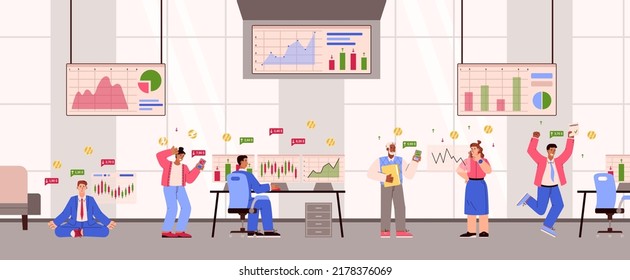 Stock traders checking financial charts, broker office - flat vector illustration. People working on financial and crypto investments. Men and women investing money. Global stock market.