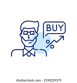 Stock trading advisor with buy message. Pixel perfect, editable stroke line art icon