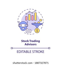 Stock trading advisors concept icon. Money earning futuristic system. Smart computer. AI application idea thin line illustration. Vector isolated outline RGB color drawing. Editable stroke