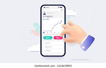 Stock trading app - Smartphone with stock market application and hand interacting with profitable portfolio. Vector illustration