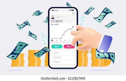 Stock trading app - Vector illustration of person making money trading stocks online