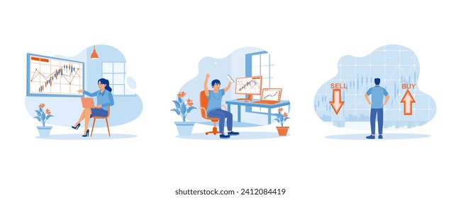 stock trading concept. analyze stock trading index. celebrate trading success. i am selling or buying shares. set flat vector modern illustration 