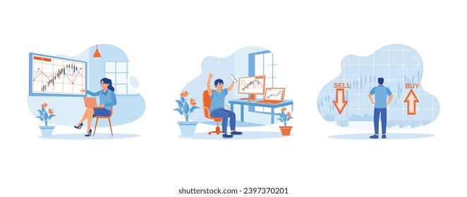 Stock Trading concept. Analyze stock trading indices. Celebrate trading success. I am selling or buying shares. set trend modern vector flat illustration