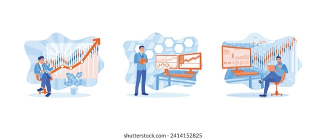 Stock Trading concept. Business people make plans and strategies to invest in trading. Businessman working at head office. set flat vector modern illustration