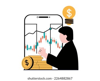 Concepto de comercio de valores con carácter. El comerciante de mano de obra gana dinero en bolsa, invierte y monitorea el mercado usando aplicaciones móviles. Ilustración vectorial con escenas de personas en diseño plano para web