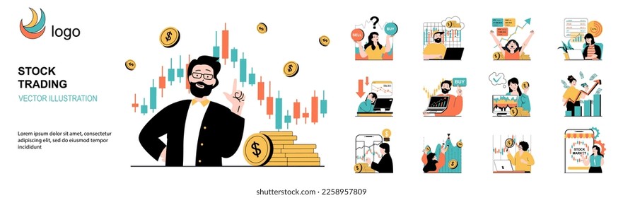 Concepto de comercio de valores con colección de situaciones de carácter. Conjunto de escenas de personas haciendo investigación, análisis, inversión, ganando dinero de las tendencias del mercado de intercambio. Ilustraciones vectoriales en diseño web plano