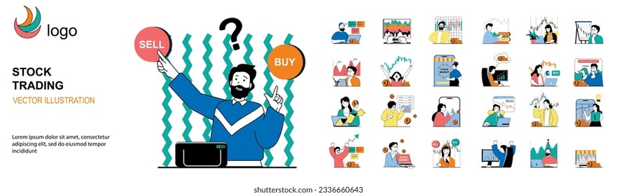 Stock trading concept with character situations mega set. Bundle of scenes people analyzing financial graphs, investing money in stock market, buy and sell. Vector illustrations in flat web design
