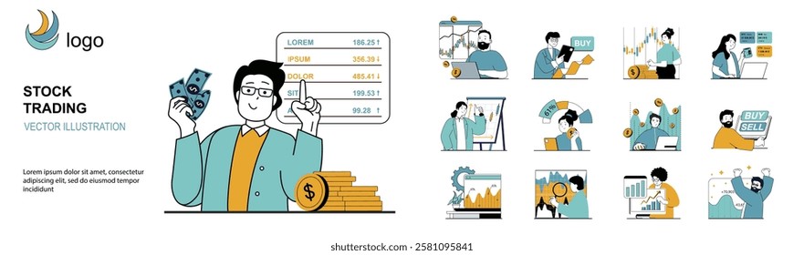 Stock trading concept with character situations mega set in flat web design. Bundle of scenes people making exchange market research, investing money with financial strategy. Vector illustrations.