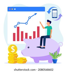 Stock trading concept flat style vector illustration. Businessman Analyzing Stock Market with Charts, Charts and Diagrams Investing in Stocks.