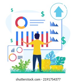 Stock trading concept flat style vector illustration. Businessman Analyzing Stock Market with Charts, Charts and Diagrams Investing in Stocks.