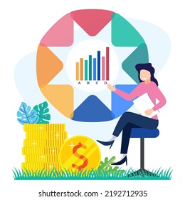 Stock trading concept flat style vector illustration. Businessman Analyzing Stock Market with Charts, Charts and Diagrams Investing in Stocks.