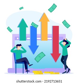 Ilustración vectorial de estilo plano del concepto de comercio de valores. Empresario analizando el mercado de valores con gráficos, gráficos y diagramas que invierten en acciones.