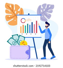 Stock trading concept flat style vector illustration. Businessman Analyzing Stock Market with Charts, Charts and Diagrams Investing in Stocks.