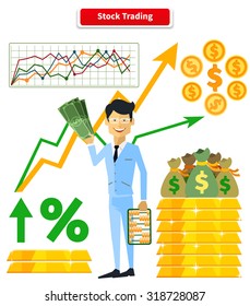 Stock trading concept flat style. Job and market, leadership human, employment and achievement business, diagram and wealth, finance and dollar, trader and report marketing analyzing illustration