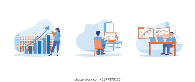 Stock Trading concept. It increased company business growth. Review cryptocurrency trading documents. It was viewing candlestick charts. set trend modern vector flat illustration