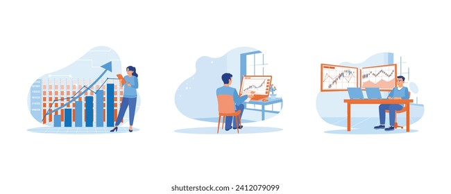 Stock Trading concept. It increased company business growth. Review cryptocurrency trading documents. It was viewing candlestick charts. Flat vector illustration.