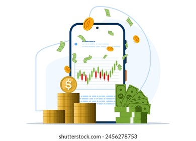 stock trading concept with laptop or computer vector illustration. Web banner template for trading company graphic design. Financial charts for buying and selling for stock exchange market concept.