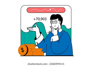 Stock trading concept with people scene in flat web design. Man monitoring financial data chart at balance account and earning money. Vector illustration for social media banner, marketing material.