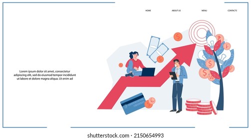 Concepto bursátil de rentabilidad de la inversión, cálculo de rendimiento de costes para sitio web o página de presentación. Analizar la escala evolutiva y el análisis de negocio, ilustración vectorial.
