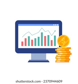 Börsenhandel und Finanzanalytik, Vektorgrafik. Computerbildschirm mit Grafik- und Dollarbuchse.