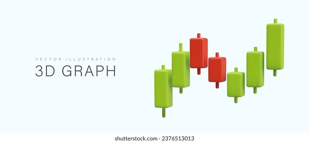 Negociación bursátil. Mercado financiero. Gráfico de candelabros japoneses. Gráfica 3D en color verde y rojo. Precio variable. Mantener las estadísticas en tiempo real. Concepto de vector con lugar para texto