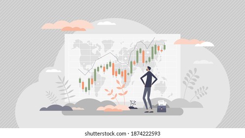 Stock trading as global market company shares investment tiny person concept. Financial graphic observation and watching for funds profit vector illustration. Monitoring or analyze money rate forecast