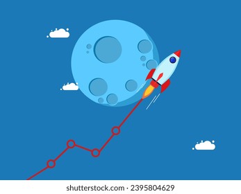 Stock trading or higher stock prices. Flying rocket takes growth chart and flies to the moon