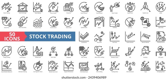 Sammlung von Symbolen für den Aktienhandel. Enthält Börse, Börse, Aktionär, Investor, Broker, Aktienhändler, Kapitalsymbol. Einfache Linienvektordarstellung.