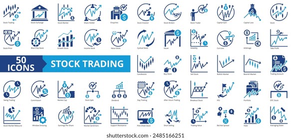 Conjunto de colección de icono de negociación de acciones. Contiene bolsa, mercado de valores, accionista, inversor, corredor, operador de bolsa, icono de capital. Simple Ilustración vectorial plana.