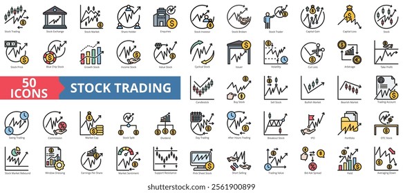 Stock trading icon collection set. Containing exchange, stock market, shareholder, investor, broker, stock trader, capital icon. Simple flat outline vector illustration