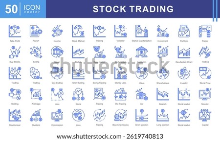Stock Trading icon collection set. Containing exchange, stock market, shareholder, investor, broker, stock trader, capital icon. Simple vector illustration.