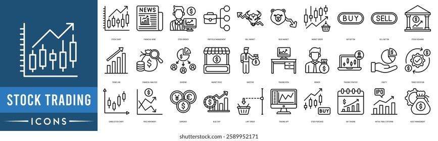 Stock Trading icon set. Stock Chart, Financial News, Stock Broker, Portfolio Management, Bull Market and Bear Market