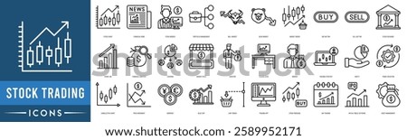 Stock Trading icon set. Stock Chart, Financial News, Stock Broker, Portfolio Management, Bull Market and Bear Market