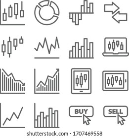 Stock trading icon set vector illustration. Contains such icon as Online trading, Buy, Sell, Portfolio, Candle, Pie chart and more. Expanded Stroke