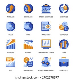 Stock trading icons set in flat style. Bear and bull market, currency exchange, stock trading bot, increase and decrease, money flow, watch list signs. Money management pictograms for UX UI design.