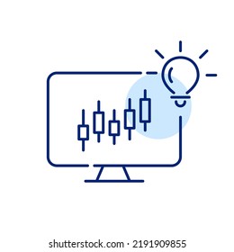 Stock trading ideas and learning. Candlestick chart on a computer. Pixel perfect, editable stroke line art icon