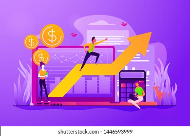 Stock Trading, Income Growth. ROI, Investment Increasing. Business Profits Calculation. Demand Planning, Demand Analytics, Digital Sales Forecast Concept. Vector Isolated Concept Creative Illustration