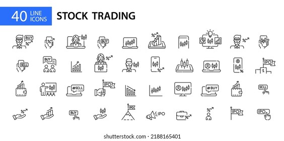 Stock trading and investing icons. Broker app interface, financial advisor, IPO and candlestick charts. Pixel perfect, editable stroke line icons