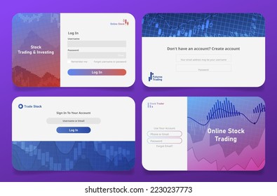 Stock trading and investing online service log in sign up account set vector illustration. Commercial currency analysis exchange financial investment user interface internet page registration form