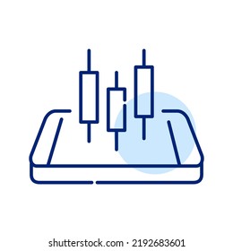 Aplicación de telefonía móvil de intercambio de valores. Gráfica de velas en un smartphone isométrico. Icono de línea de dibujo de píxeles perfecto, modificable