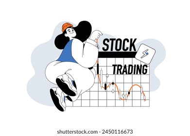 Stock trading outline web modern concept in flat line design. Woman analyzing financial graph and investing money on exchange market. Vector illustration for social media banner, marketing material.