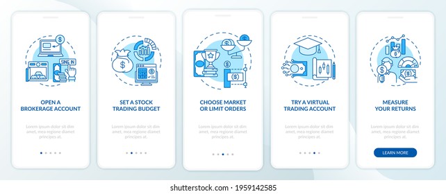 Stock trading path onboarding mobile app page screen with concepts. Broker account, budget plan walkthrough 5 steps graphic instructions. UI, UX, GUI vector template with linear color illustrations