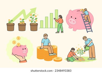 Stock trading, piggy bank, investment, analysis, saving money concept illustrations. Simple Vector Illustration