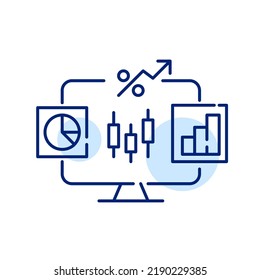 Stock trading platform with candlestick and pie charts. Pixel perfect, editable stroke line art icon