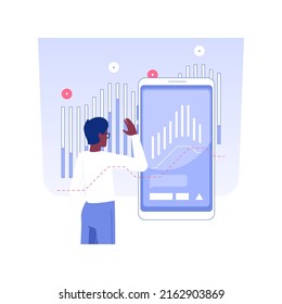 Stock trading platform isolated concept vector illustration. Stock market trader with smartphone using special app, financial literacy, investment process, raising money vector concept.