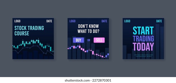 Stock trading poster set for schools and courses. Advertising promo pages with candle stick chart graphs and editable text. Social media post vector templates