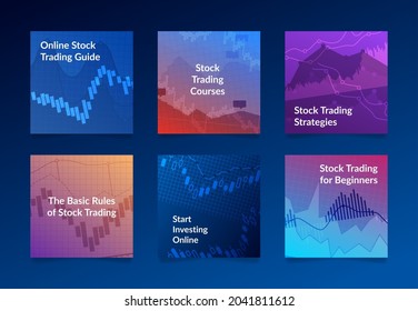 Stock trading squared poster set vector flat illustration. Collection of advertising promo financial online investing, course, beginning, basic rules guide. Ad placard label with graphs, tables data